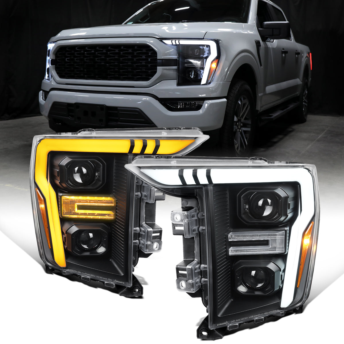 Ronnin - Fits 2021-2023 Ford F150 LED DRL Halogen Projector Headlights Switchback LED Sequential Signal + Animated Startup Effect Pair | Black