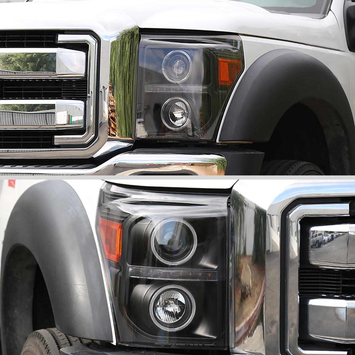 Ronnin - Fits 2011-2016 Ford F250 F350 F450 F550 Super Duty LED Dual Halo Rims Driving Lights Projector Headlights Assembly Pair | Black