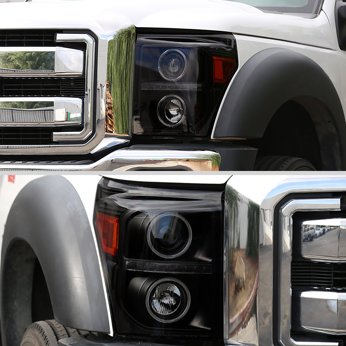 Ronnin -  Fits 2011-2016 Ford F250 F350 F450 F550 Super Duty LED Dual Halo Rims Driving Lights Projector Headlights Assembly Pair | Black Smoke