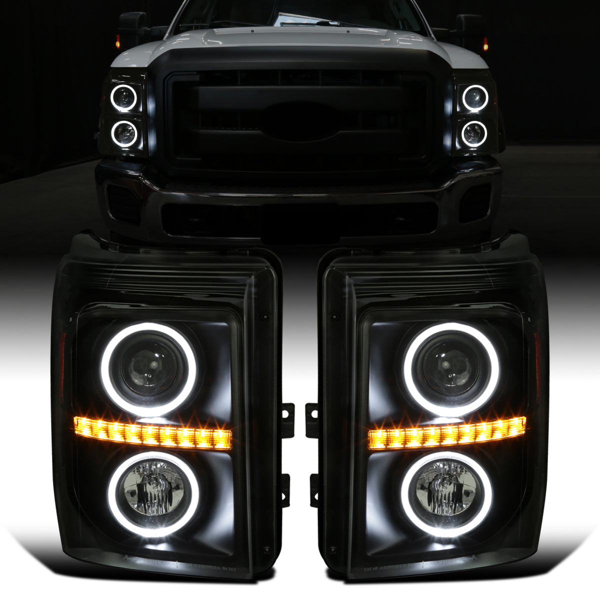 Ronnin -  Fits 2011-2016 Ford F250 F350 F450 F550 Super Duty LED Dual Halo Rims Driving Lights Projector Headlights Assembly Pair | Black Smoke