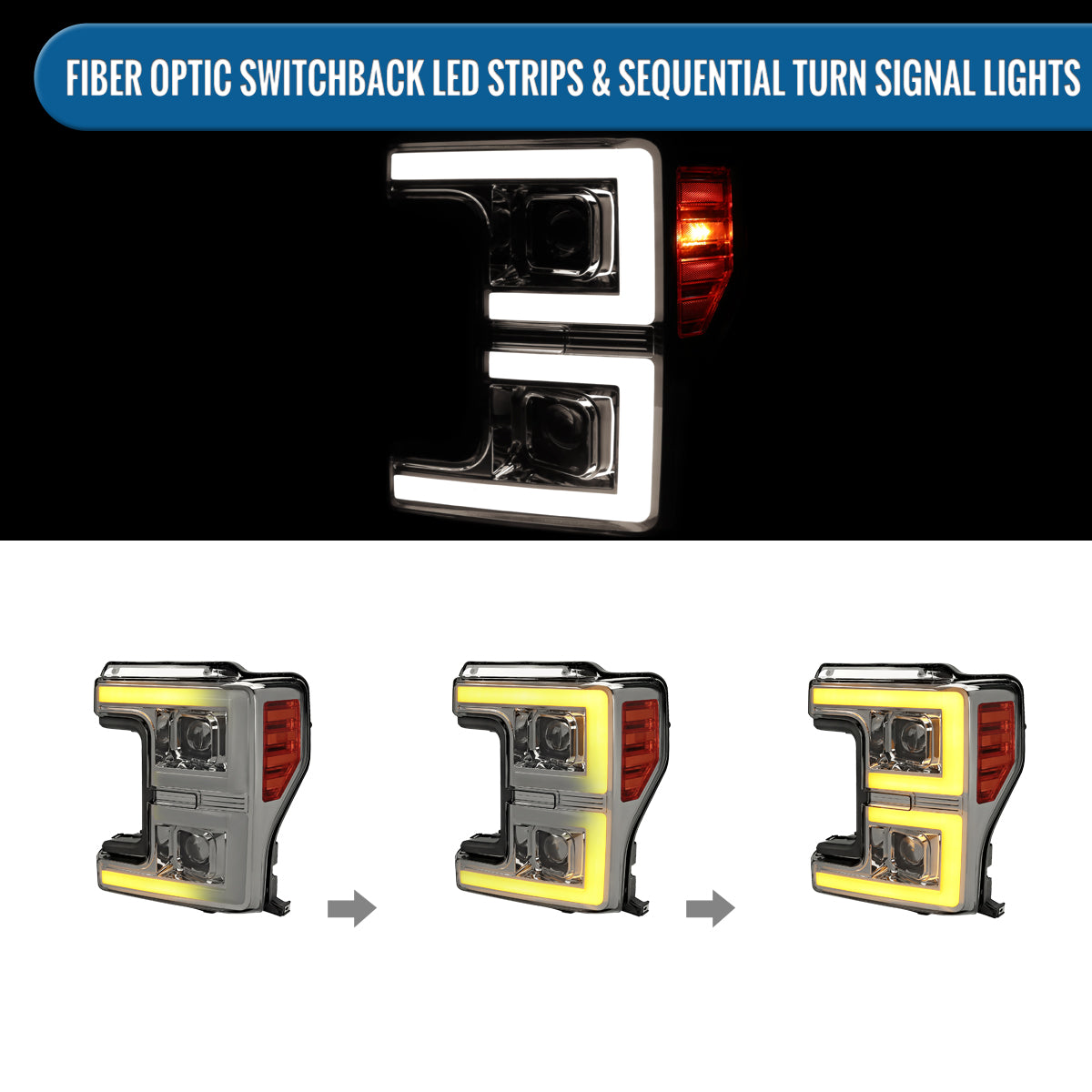 Ronnin - Fits 2017-2019 Ford F250 F350 F450 F550 Super Duty Upgraded LED Switchback Turn Signal Dual Halogen Projector Headlights Assembly Pair | Smoke