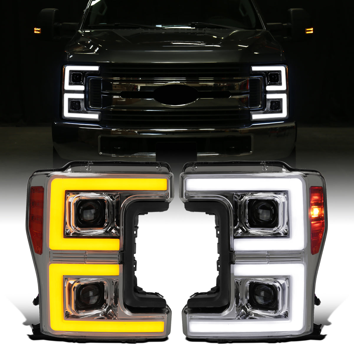Ronnin - Fits 2017-2019 Ford F250 F350 F450 F550 Super Duty Upgraded LED Switchback Turn Signal Dual Halogen Projector Headlights Assembly Pair | Smoke