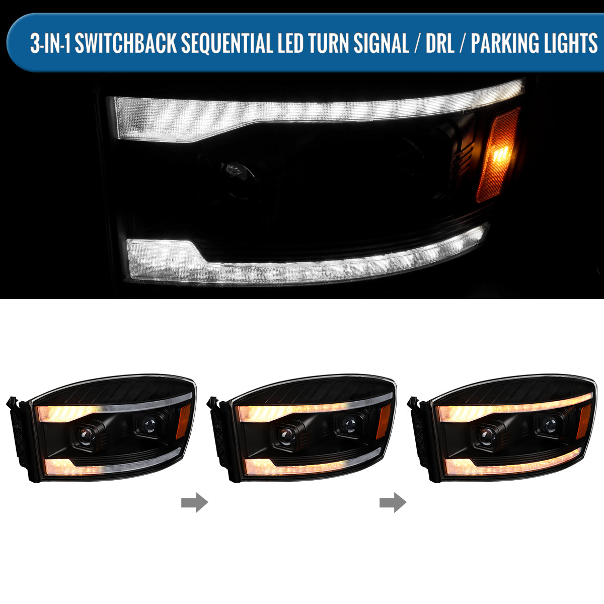 Ronnin - Fits 2006-2009 Dodge Ram 1500 2500 3500 LED DRL Switchback Sequential Turn Signals + Animated Startup Dual Projector Headlights Assembly Pair | Black