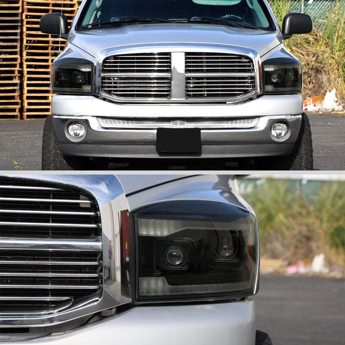 Ronnin - Fits 2006-2009 Dodge Ram 1500 2500 3500 LED DRL Switchback Sequential Turn Signals + Animated Startup Dual Projector Headlights Assembly Pair | Black Smoke