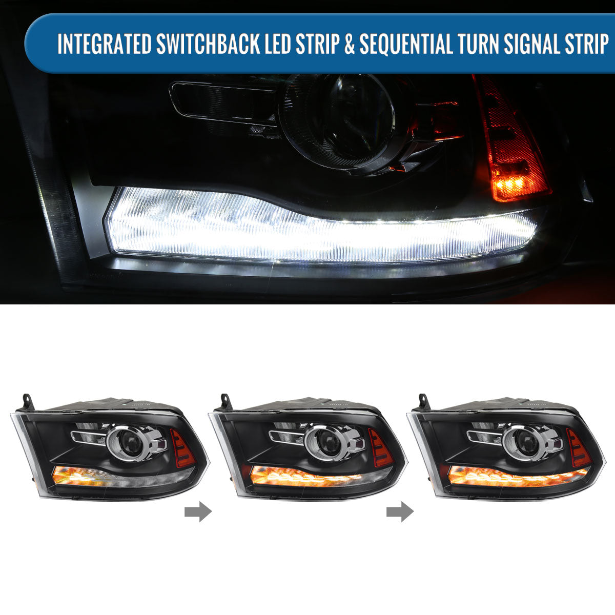 Ronnin - Fits 2009-2018 Ram 1500 2500 3500 2019-2024 Ram 1500 Classic Factory Dual Quad Upgraded Replacement LED Switchback Sequential Turn Signals Projector Headlights Assembly Pair | Black