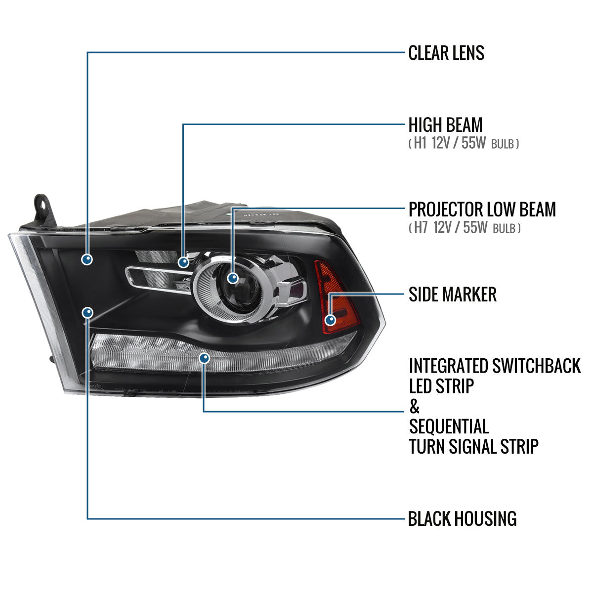 Ronnin - Fits 2009-2018 Ram 1500 2500 3500 2019-2024 Ram 1500 Classic Factory Dual Quad Upgraded Replacement LED Switchback Sequential Turn Signals Projector Headlights Assembly Pair | Black