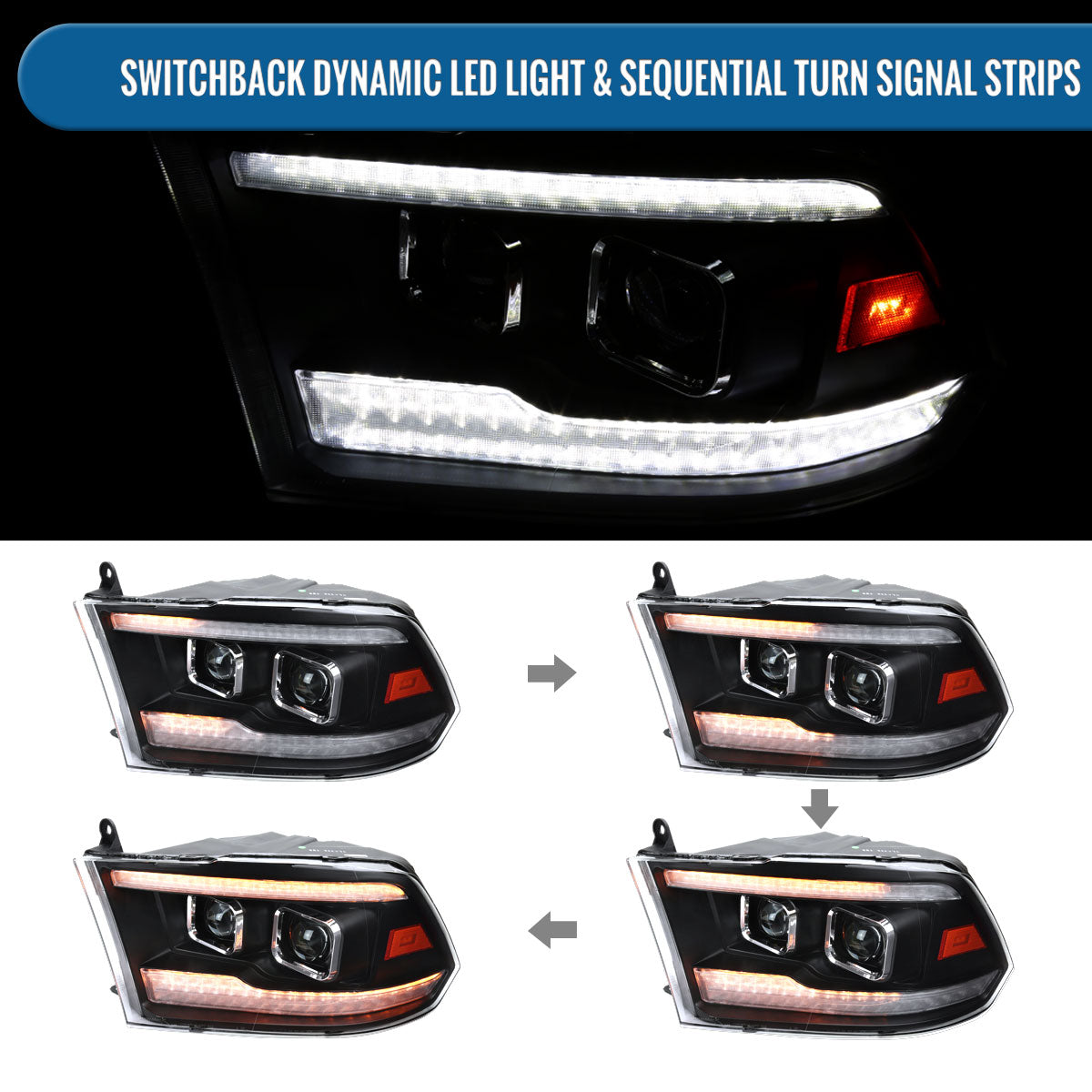 Ronnin - Fits 2009-2018 Ram 1500 2500 3500 2019-2024 Ram 1500 Classic Halogen Dual Projector Headlights LED Switchback Sequential Signal + Animated Startup Effect Parking Assembly Pair | Black