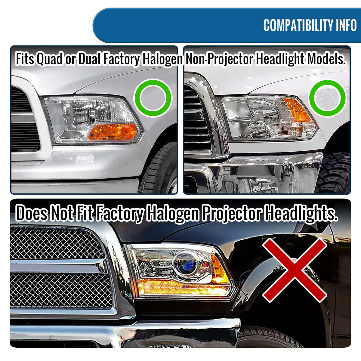 Ronnin - Fits 2009-2018 Ram 1500 2500 3500 2019-2024 Ram 1500 Classic Halogen Dual Projector Headlights LED Switchback Sequential Signal + Animated Startup Effect Parking Assembly Pair | Black