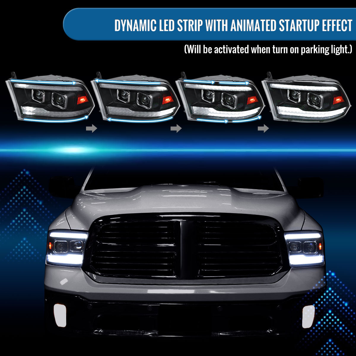 Ronnin - Fits 2009-2018 Ram 1500 2500 3500 2019-2024 Ram 1500 Classic Halogen Dual Projector Headlights LED Switchback Sequential Signal + Animated Startup Effect Parking Assembly Pair | Black