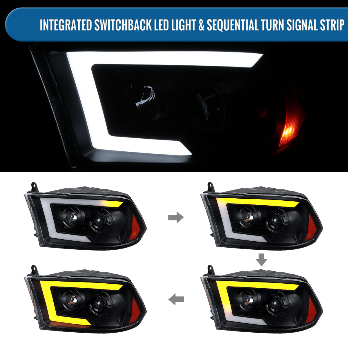 Ronnin - Fits 2009-2018 Ram 1500 2500 3500 2019-2024 Ram 1500 Classic Halogen Projector Headlights LED Tube Switchback Sequential Turn Signal Lights Assembly Pair | Black