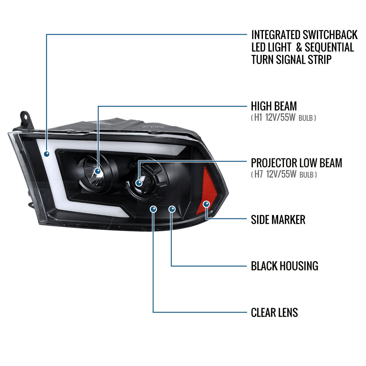 Ronnin - Fits 2009-2018 Ram 1500 2500 3500 2019-2024 Ram 1500 Classic Halogen Projector Headlights LED Tube Switchback Sequential Turn Signal Lights Assembly Pair | Black