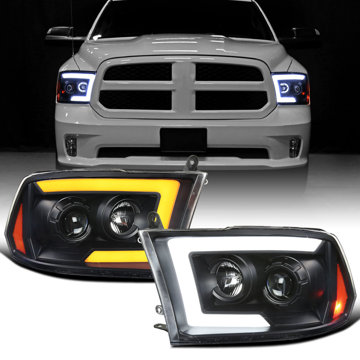 Ronnin - Fits 2009-2018 Ram 1500 2500 3500 2019-2024 Ram 1500 Classic Halogen Projector Headlights LED Tube Switchback Sequential Turn Signal Lights Assembly Pair | Black