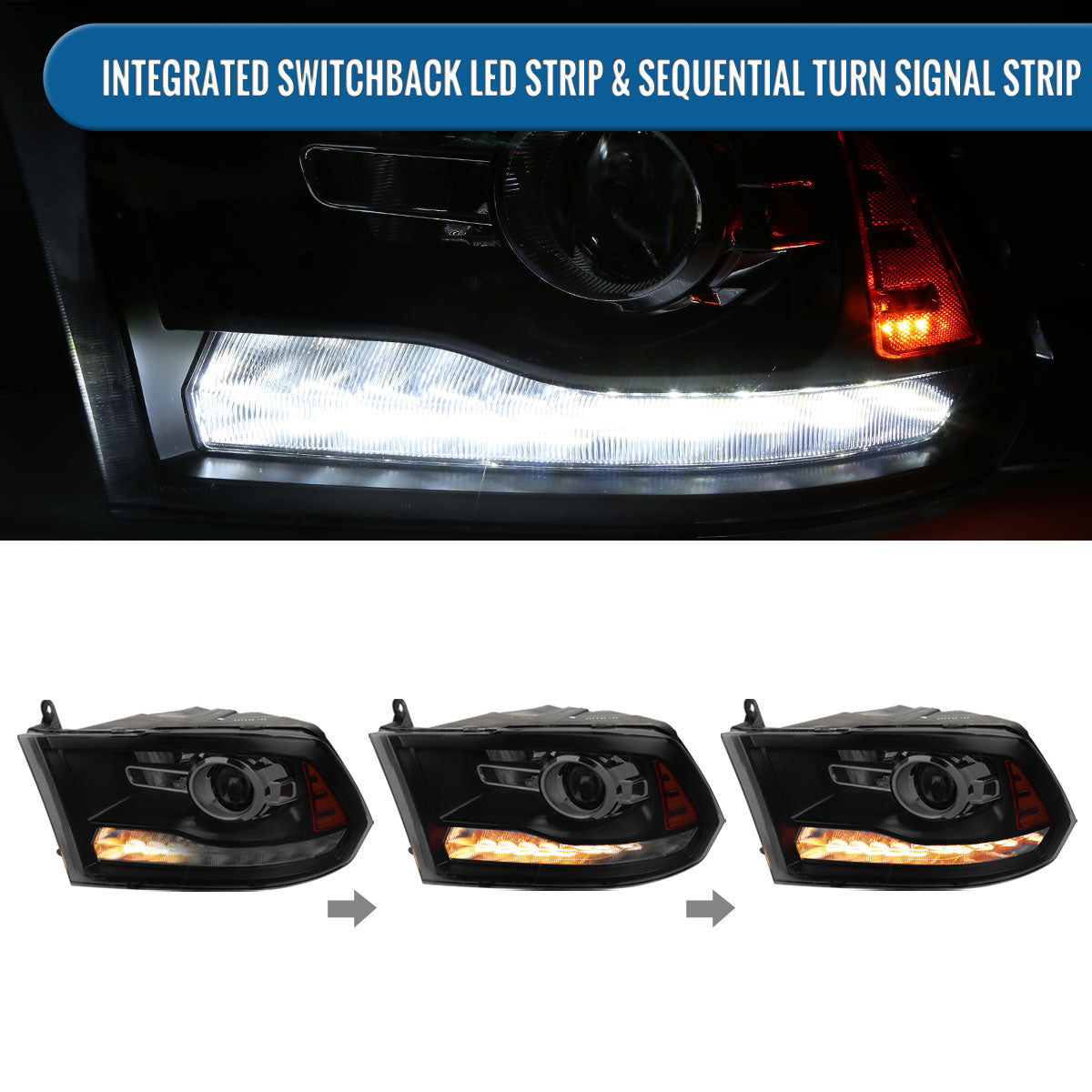 Ronnin - Fits 2009-2018 Ram 1500 2500 3500 2019-2024 Ram 1500 Classic Factory Dual Quad Replacement LED Switchback Sequential Turn Signals Projector Headlights Assembly Pair | Black Smoke