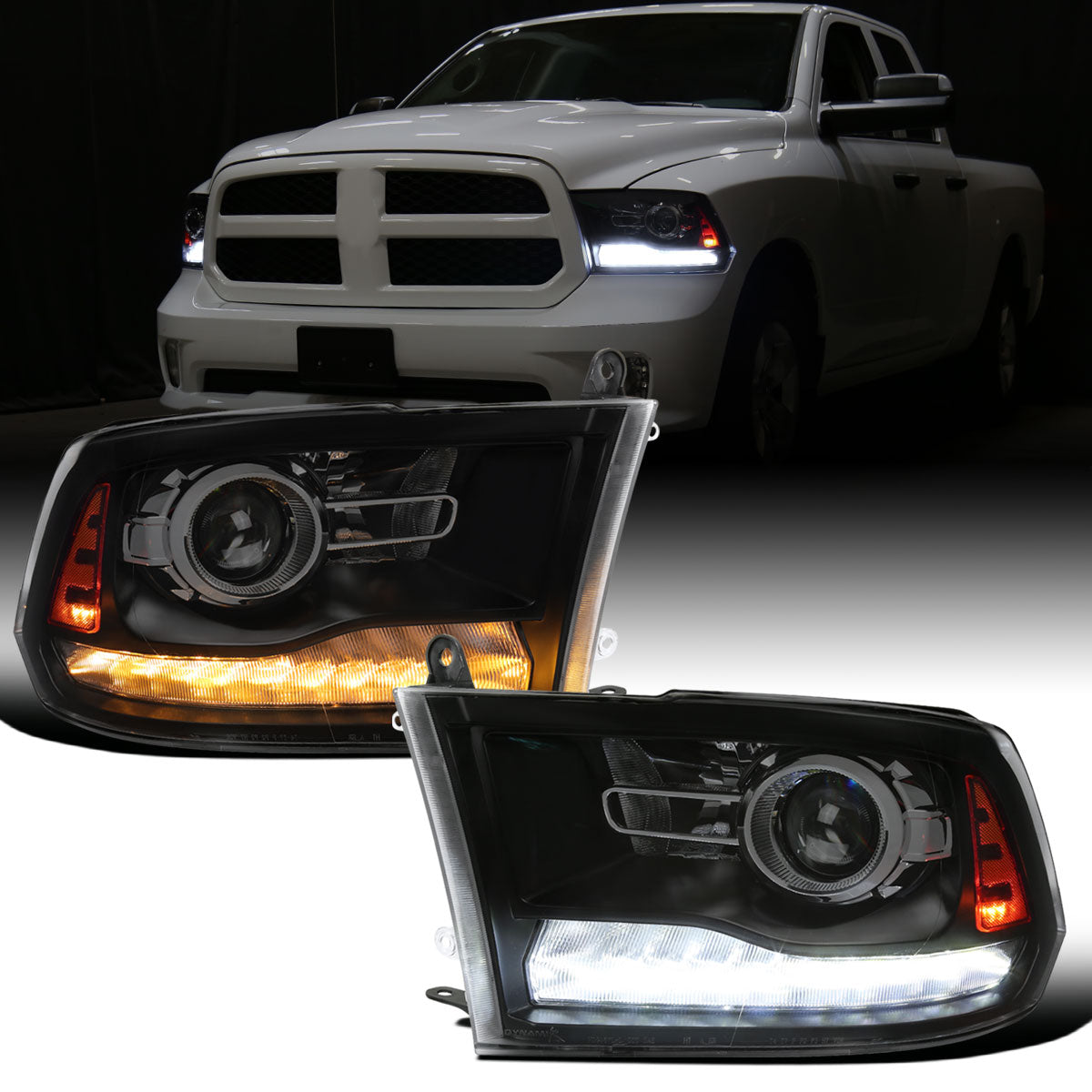 Ronnin - Fits 2009-2018 Ram 1500 2500 3500 2019-2024 Ram 1500 Classic Factory Dual Quad Replacement LED Switchback Sequential Turn Signals Projector Headlights Assembly Pair | Black Smoke