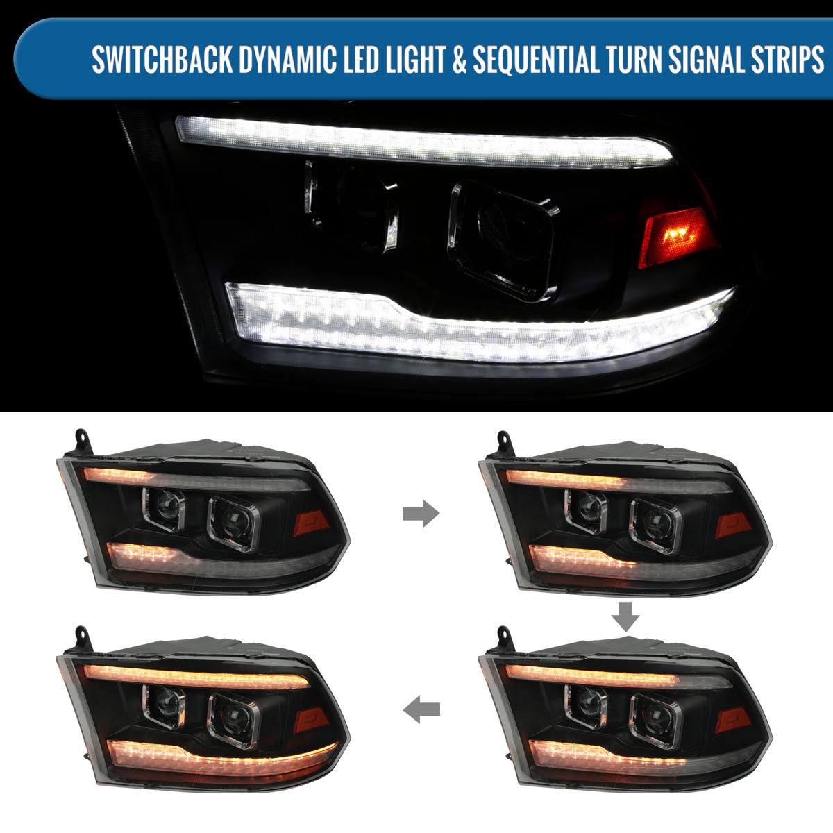 Ronnin - Fits 2009-2018 Ram 1500 2500 3500 2019-2024 Ram 1500 Classic Halogen Dual Projector Headlights LED Switchback Sequential Signal + Animated Startup Effect Parking Assembly Pair | Black Smoke