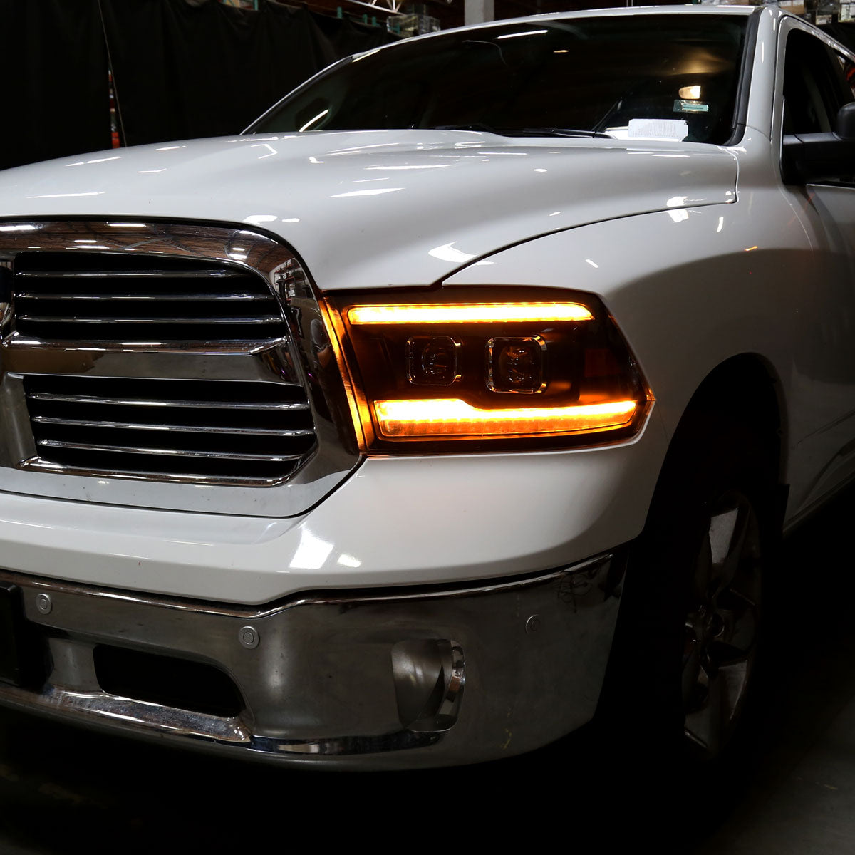 Ronnin - Fits 2009-2018 Ram 1500 2500 3500 2019-2024 Ram 1500 Classic Halogen Dual Projector Headlights LED Switchback Sequential Signal + Animated Startup Effect Parking Assembly Pair | Black Smoke