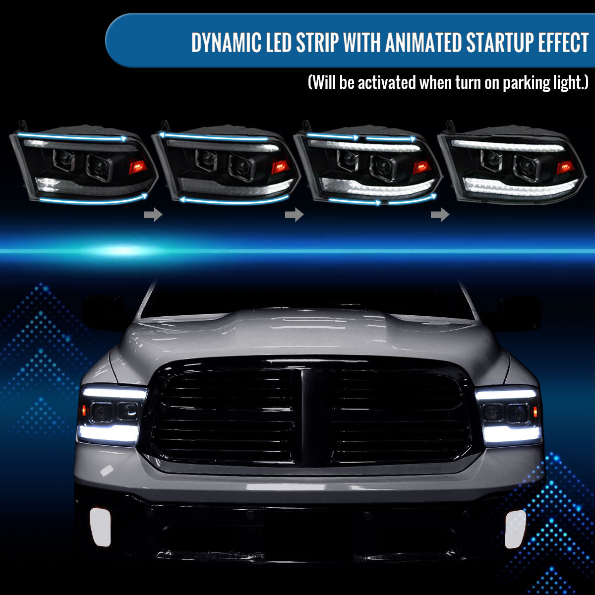 Ronnin - Fits 2009-2018 Ram 1500 2500 3500 2019-2024 Ram 1500 Classic Halogen Dual Projector Headlights LED Switchback Sequential Signal + Animated Startup Effect Parking Assembly Pair | Black Smoke