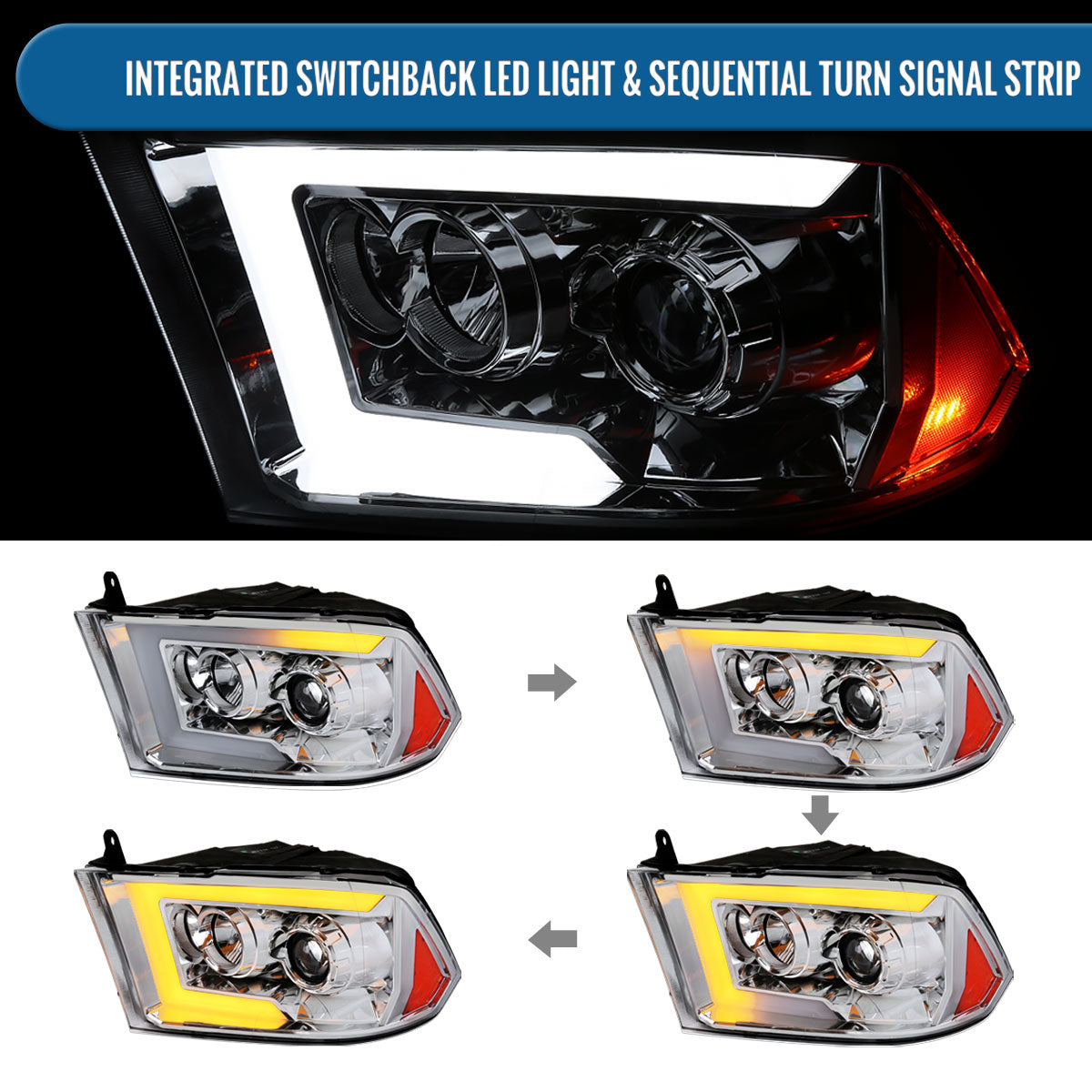 Ronnin - Fits 2009-2018 Ram 1500 2500 3500 2019-2024 Ram 1500 Classic Halogen Projector Headlights LED Tube Switchback Sequential Turn Signal Lights Assembly Pair | Chrome