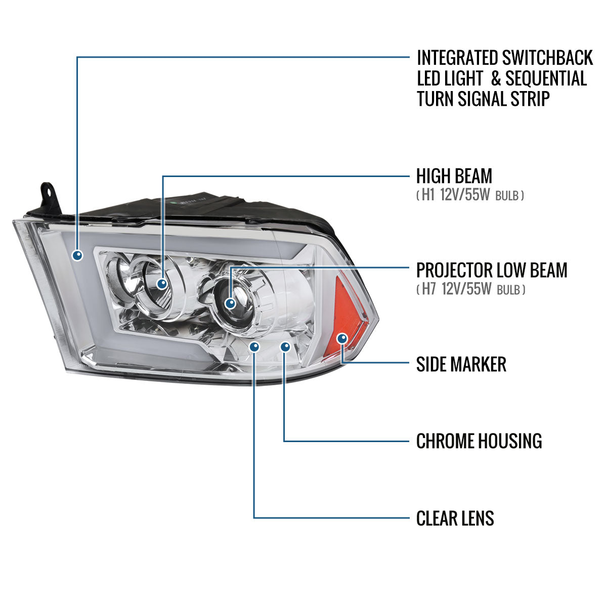 Ronnin - Fits 2009-2018 Ram 1500 2500 3500 2019-2024 Ram 1500 Classic Halogen Projector Headlights LED Tube Switchback Sequential Turn Signal Lights Assembly Pair | Chrome