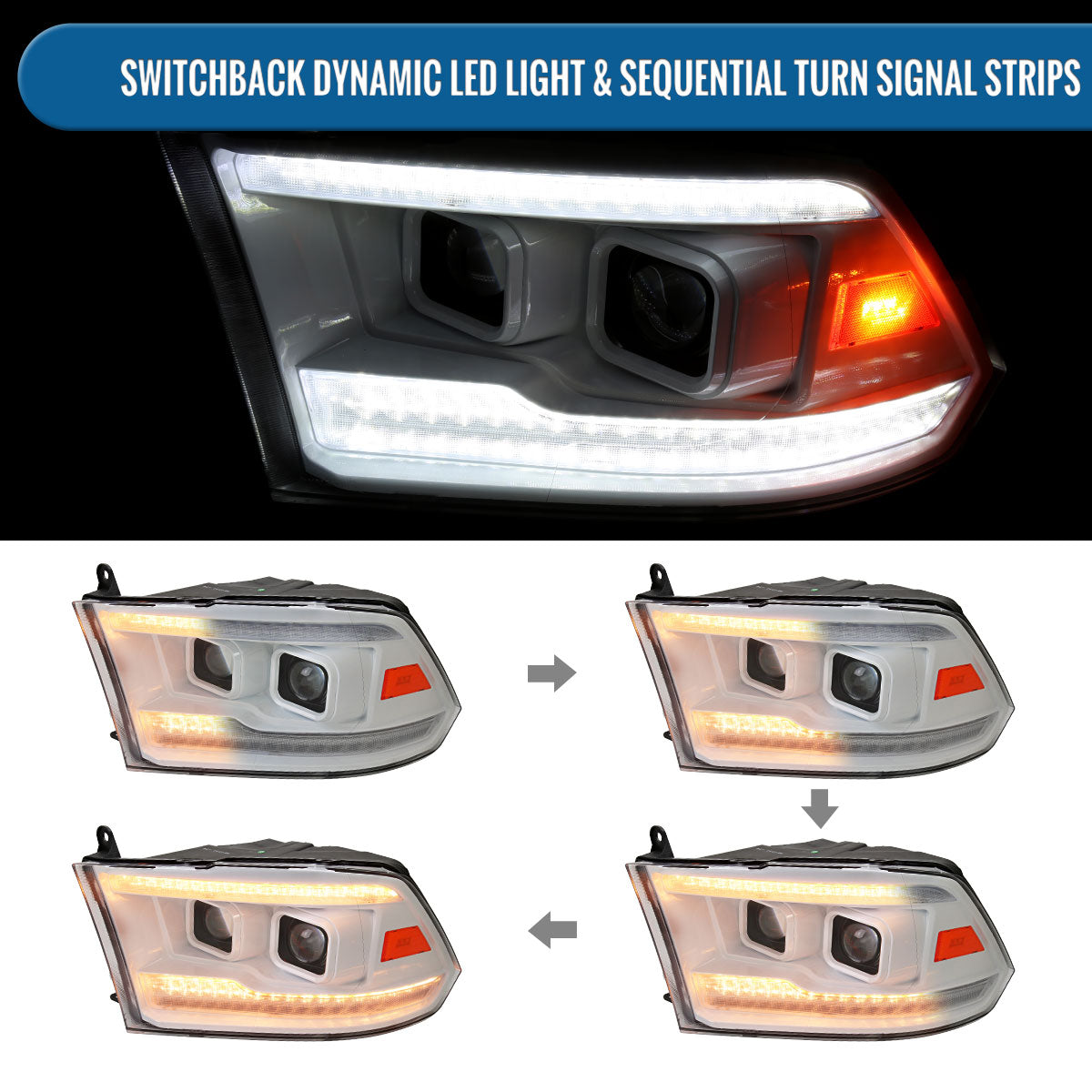 Ronnin - Fits 2009-2018 Ram 1500 2500 3500 2019-2024 Ram 1500 Classic Halogen Dual Projector Headlights LED Switchback Sequential Signal + Animated Startup Effect Parking Assembly Pair | White