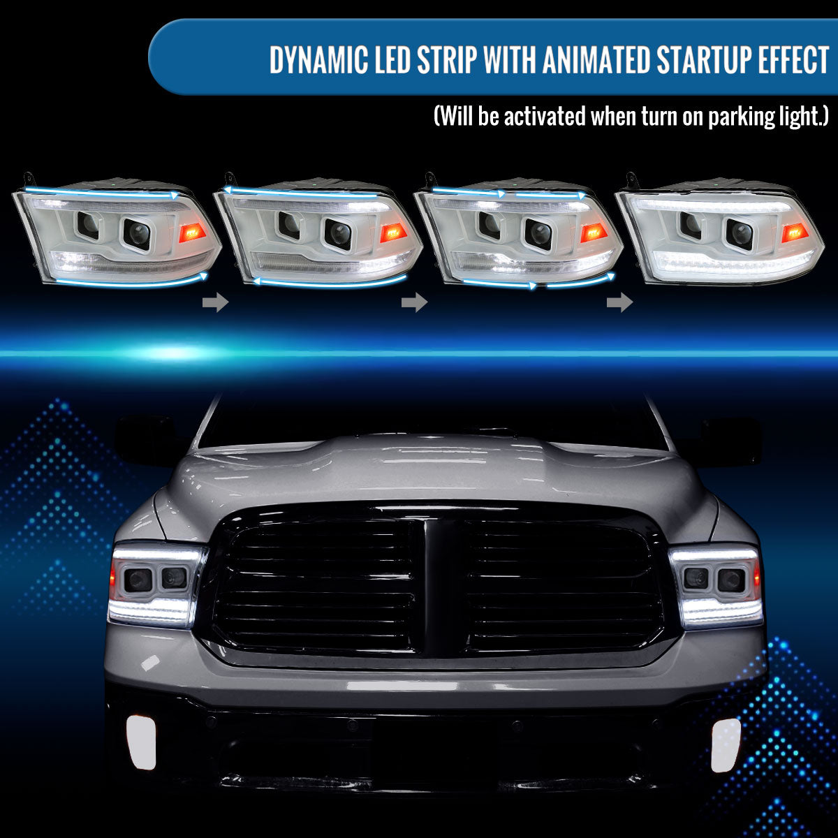 Ronnin - Fits 2009-2018 Ram 1500 2500 3500 2019-2024 Ram 1500 Classic Halogen Dual Projector Headlights LED Switchback Sequential Signal + Animated Startup Effect Parking Assembly Pair | White