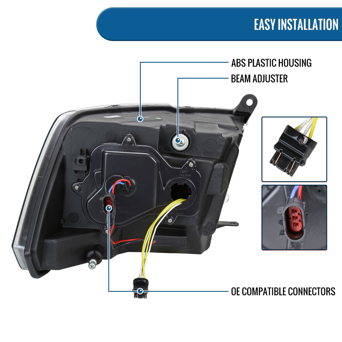 Ronnin - Fits 2009-2018 Ram 1500 2500 3500 2019-2024 Ram 1500 Classic Halogen Dual Projector Headlights LED Switchback Sequential Signal + Animated Startup Effect Parking Assembly Pair | White