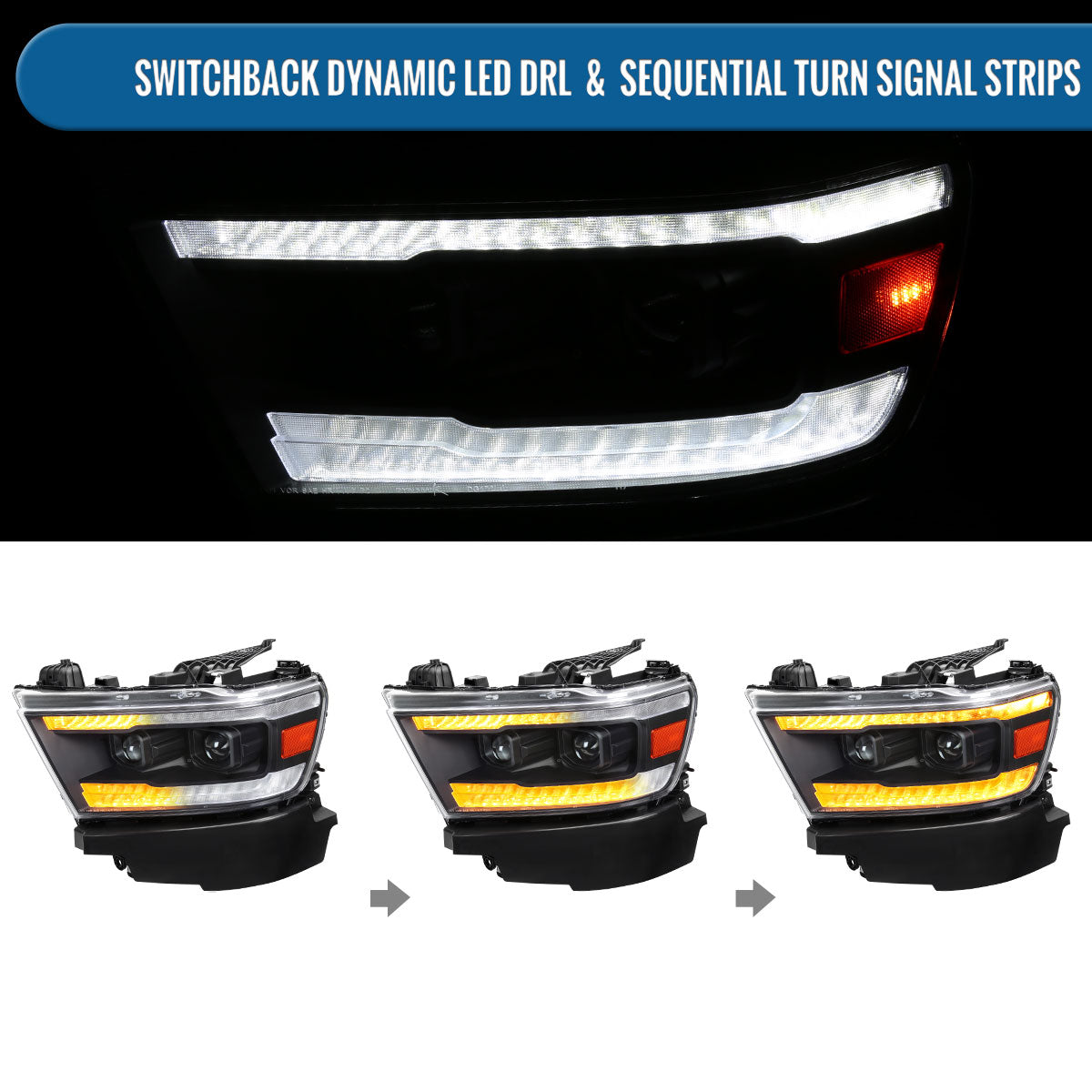Ronnin - Fits 2019-2024 Ram 1500 Halogen Dual Projector Headlights LED Switchback Sequential Turn Signal + Animated Startup Effect Assembly Pair | Black