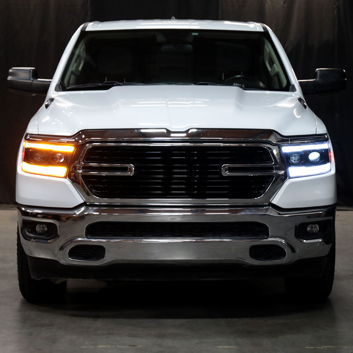 Ronnin - Fits 2019-2024 Ram 1500 Halogen Dual Projector Headlights LED Switchback Sequential Turn Signal + Animated Startup Effect Assembly Pair | Black