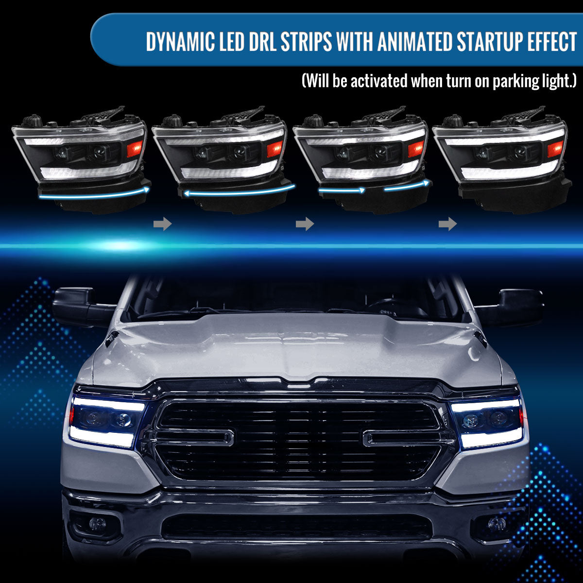 Ronnin - Fits 2019-2024 Ram 1500 Halogen Dual Projector Headlights LED Switchback Sequential Turn Signal + Animated Startup Effect Assembly Pair | Black