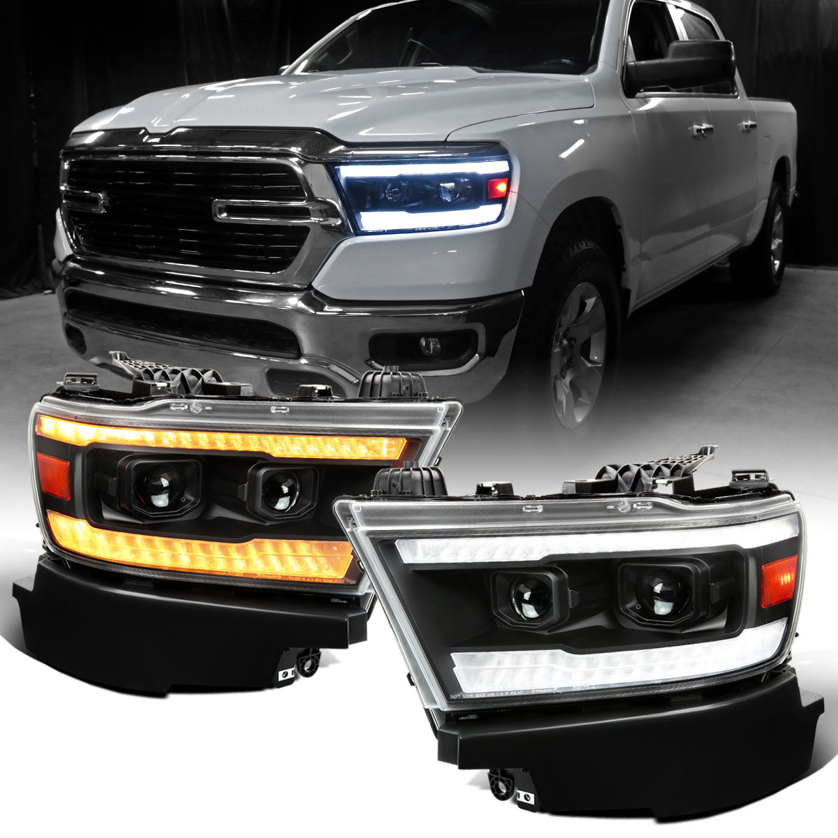 Ronnin - Fits 2019-2024 Ram 1500 Halogen Dual Projector Headlights LED Switchback Sequential Turn Signal + Animated Startup Effect Assembly Pair | Black