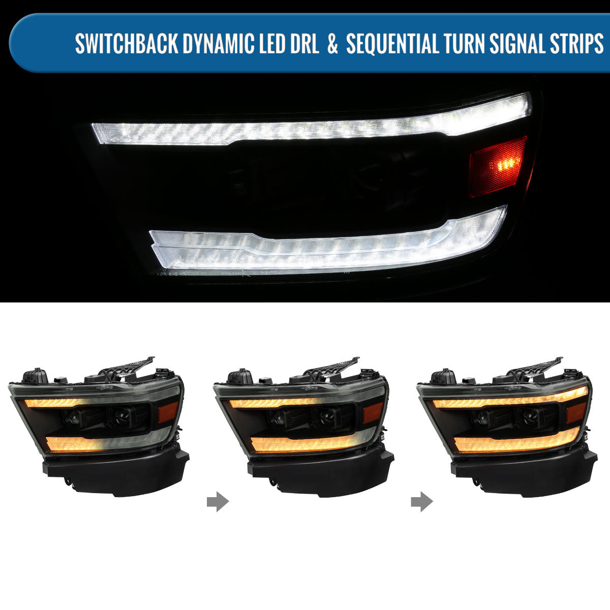 Ronnin - Fits 2019-2024 Ram 1500 Halogen Dual Projector Headlights LED Switchback Sequential Turn Signal + Animated Startup Effect Assembly Pair | Black Smoke
