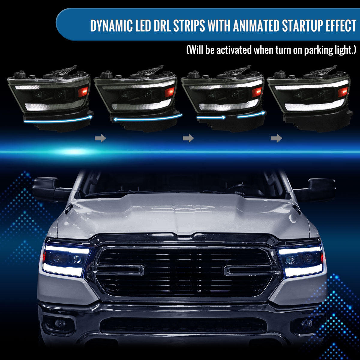Ronnin - Fits 2019-2024 Ram 1500 Halogen Dual Projector Headlights LED Switchback Sequential Turn Signal + Animated Startup Effect Assembly Pair | Black Smoke