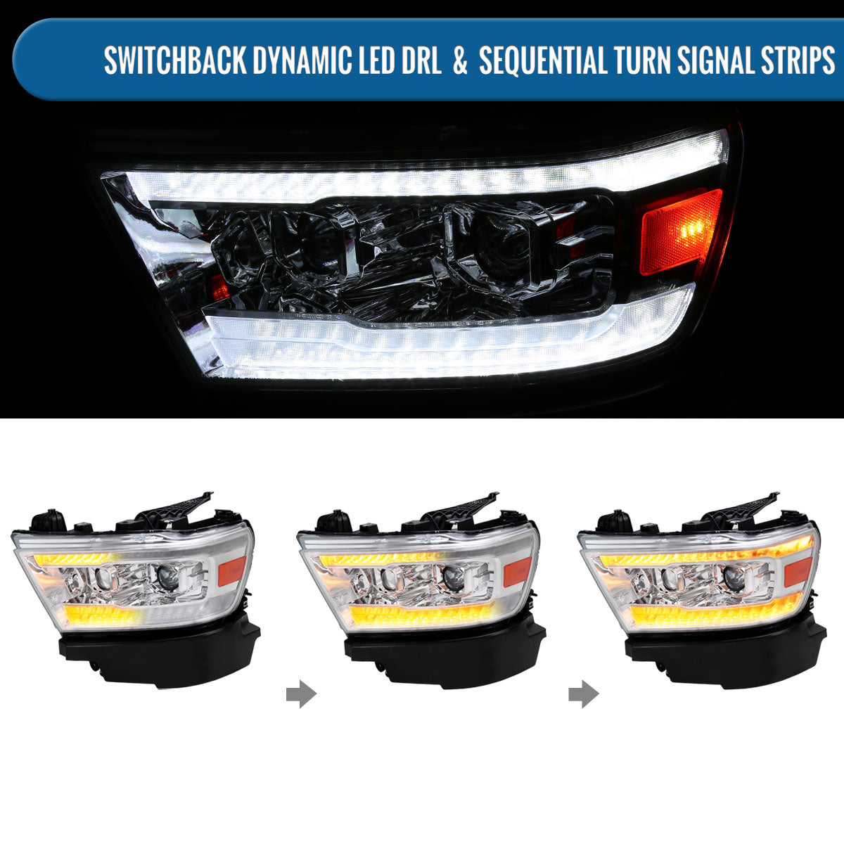 Ronnin - Fits 2019-2024 Ram 1500 Halogen Dual Projector Headlights LED Switchback Sequential Turn Signal + Animated Startup Effect Assembly Pair | Chrome
