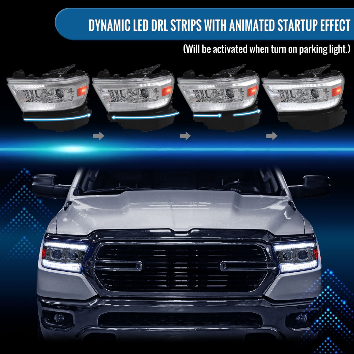 Ronnin - Fits 2019-2024 Ram 1500 Halogen Dual Projector Headlights LED Switchback Sequential Turn Signal + Animated Startup Effect Assembly Pair | Chrome