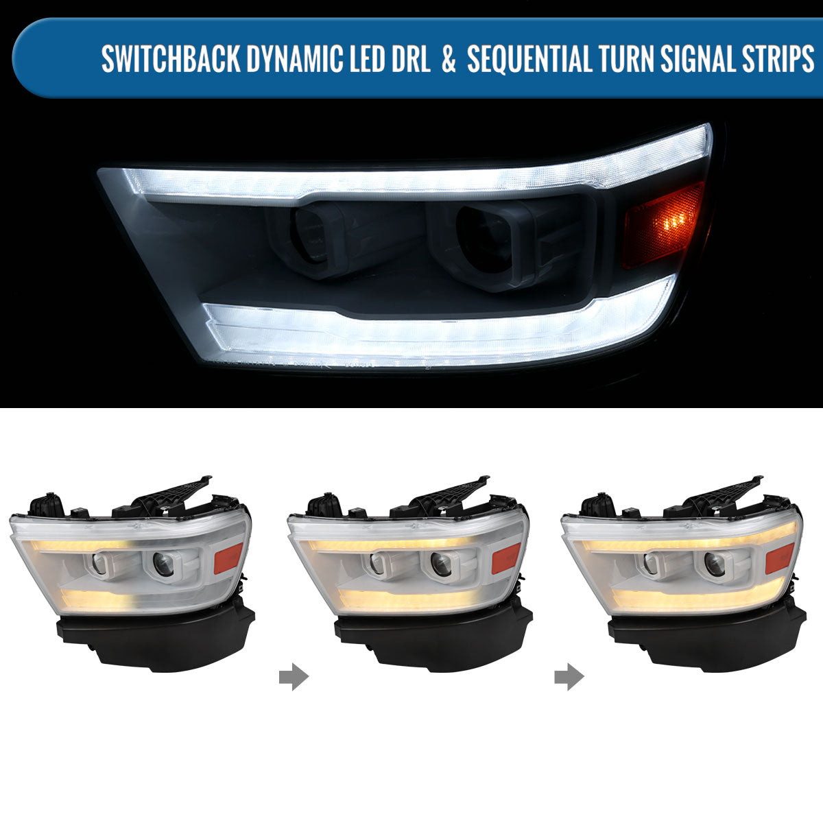Ronnin - Fits 2019-2024 Ram 1500 Halogen Dual Projector Headlights LED Switchback Sequential Turn Signal + Animated Startup Effect Assembly Pair | White