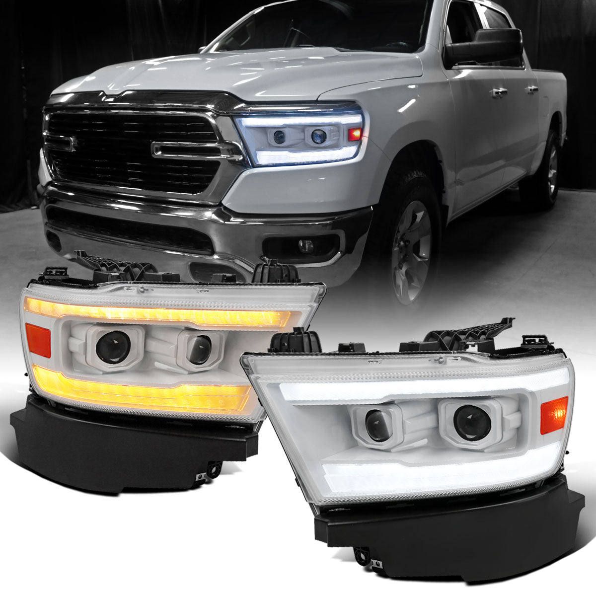 Ronnin - Fits 2019-2024 Ram 1500 Halogen Dual Projector Headlights LED Switchback Sequential Turn Signal + Animated Startup Effect Assembly Pair | White