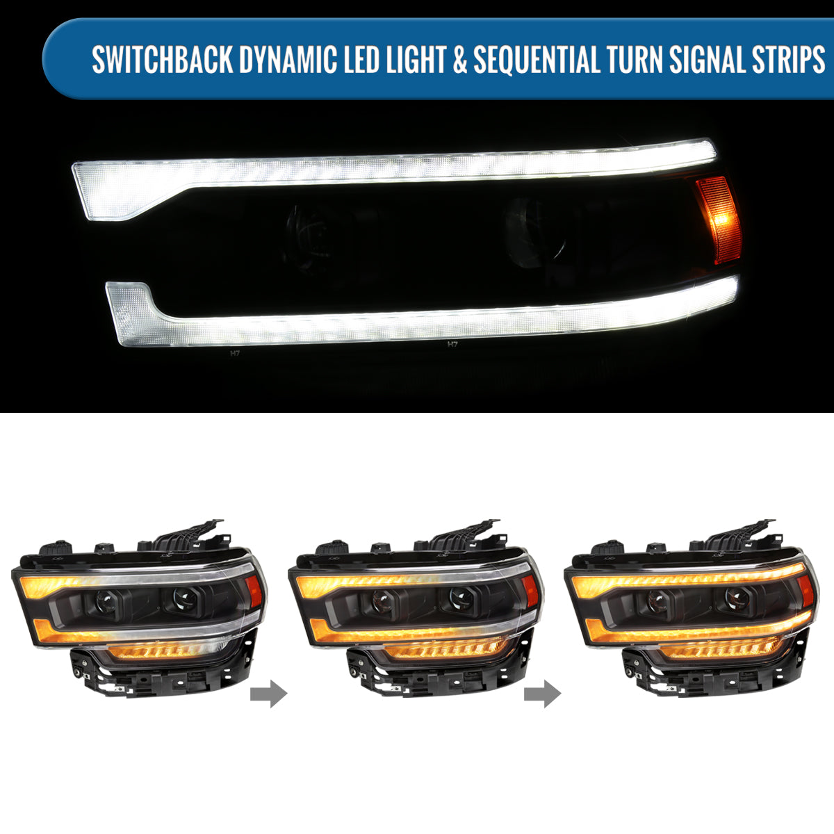 Ronnin - Fits 2019-2024 Ram 2500 3500 4500 5500 Upgraded Halogen Dual Projector Headlights LED Switchback Sequential Turn Signal + Animated Startup Effect Assembly Pair | Black