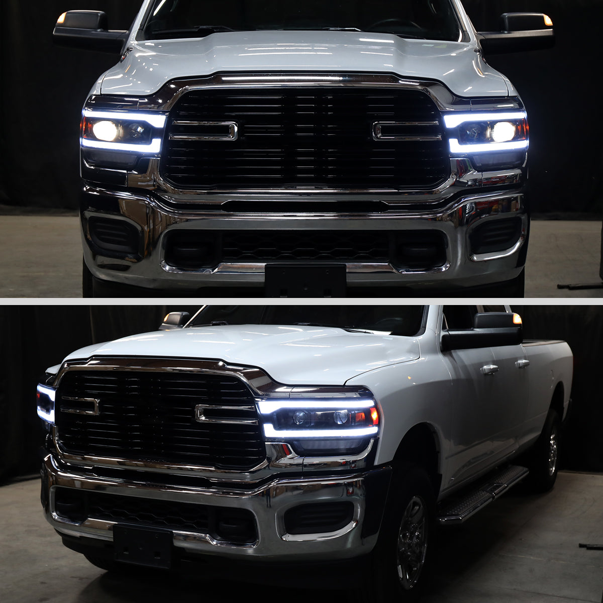 Ronnin - Fits 2019-2024 Ram 2500 3500 4500 5500 Upgraded Halogen Dual Projector Headlights LED Switchback Sequential Turn Signal + Animated Startup Effect Assembly Pair | Black