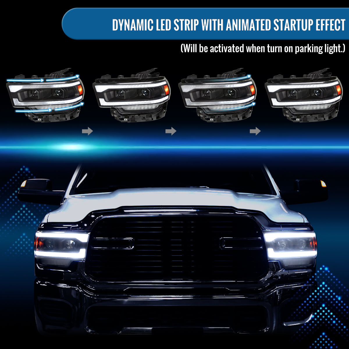 Ronnin - Fits 2019-2024 Ram 2500 3500 4500 5500 Upgraded Halogen Dual Projector Headlights LED Switchback Sequential Turn Signal + Animated Startup Effect Assembly Pair | Black