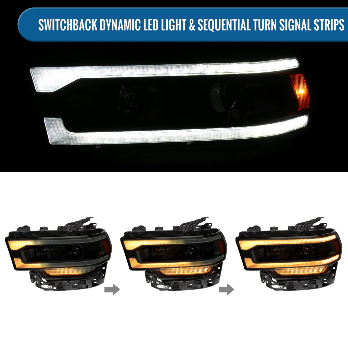 Ronnin - Fits 2019-2024 Ram 2500 3500 4500 5500 Upgraded Halogen Dual Projector Headlights LED Switchback Sequential Turn Signal + Animated Startup Effect Assembly Pair | Black Smoke