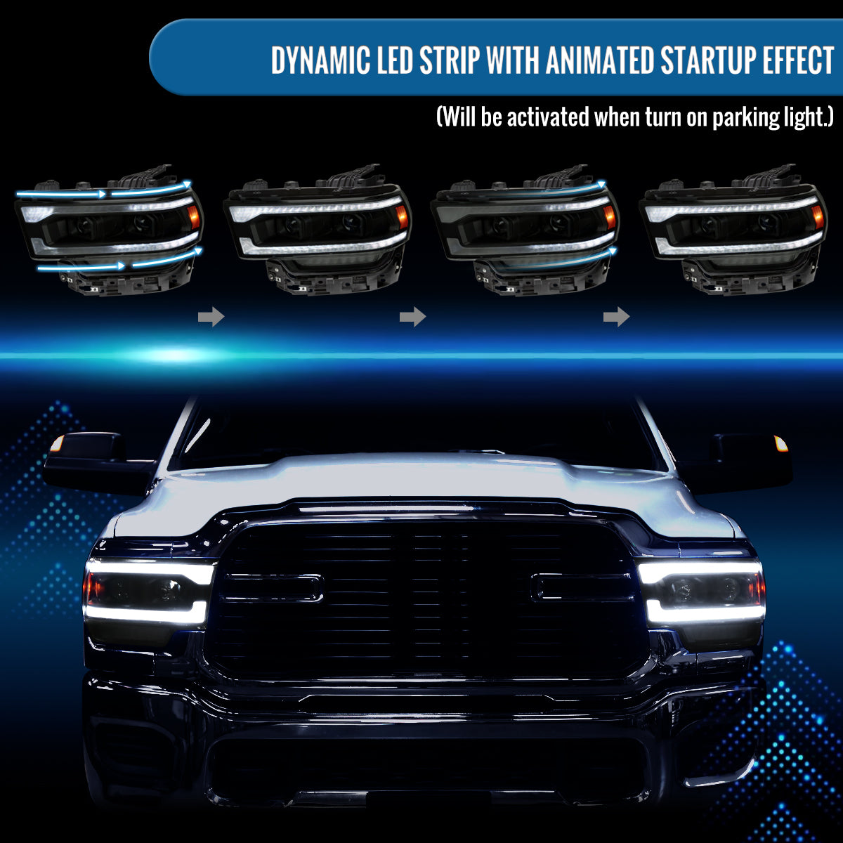 Ronnin - Fits 2019-2024 Ram 2500 3500 4500 5500 Upgraded Halogen Dual Projector Headlights LED Switchback Sequential Turn Signal + Animated Startup Effect Assembly Pair | Black Smoke