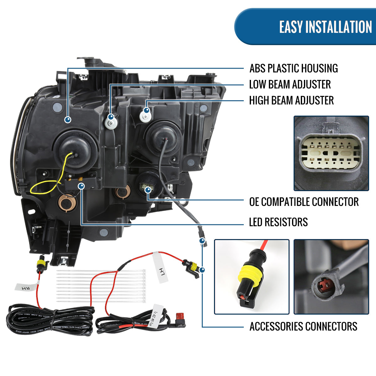 Ronnin - Fits 2019-2024 Ram 2500 3500 4500 5500 Upgraded Halogen Dual Projector Headlights LED Switchback Sequential Turn Signal + Animated Startup Effect Assembly Pair | Black Smoke