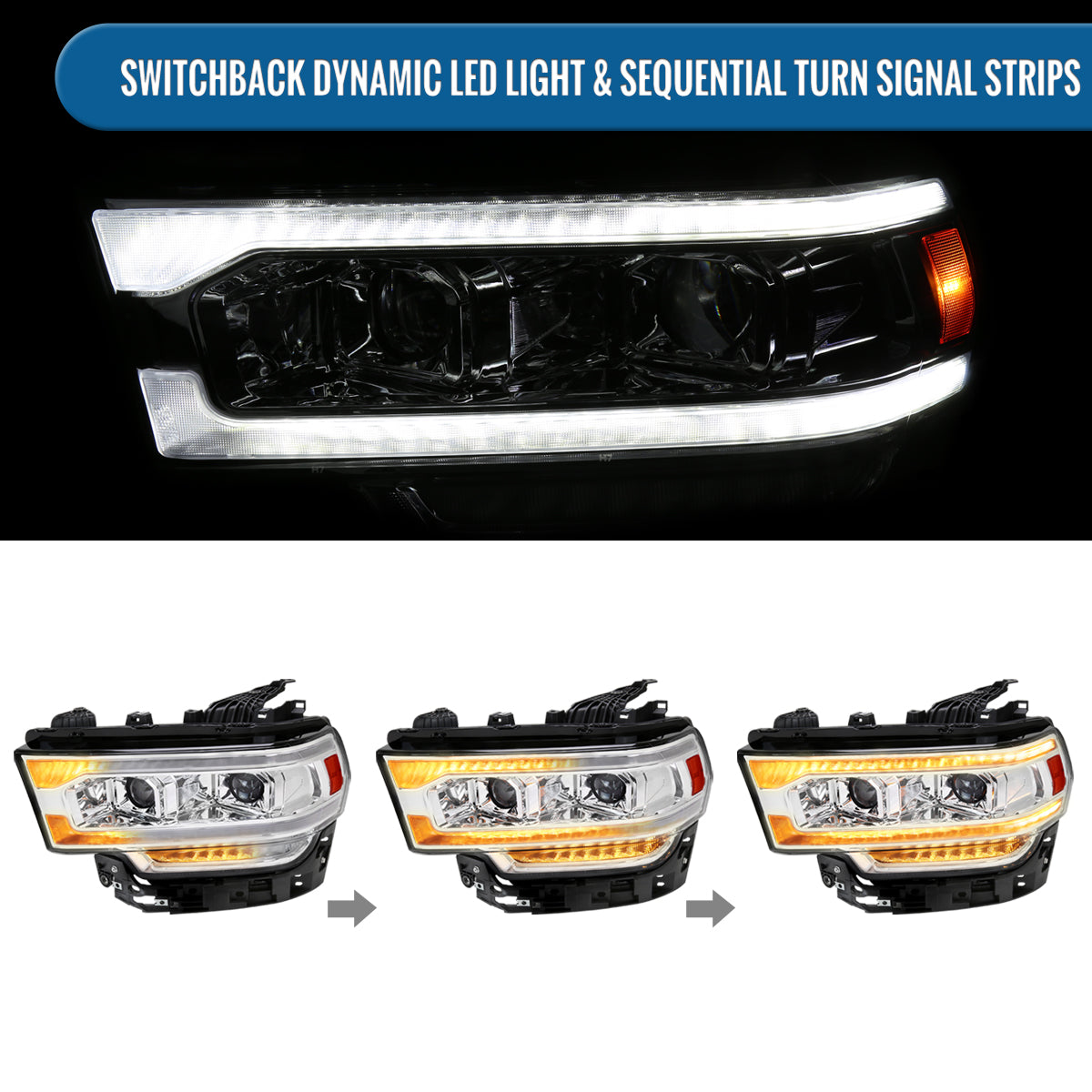 Ronnin - Fits 2019-2024 Ram 2500 3500 4500 5500 Upgraded Halogen Dual Projector Headlights LED Switchback Sequential Turn Signal + Animated Startup Effect Assembly Pair | Chrome