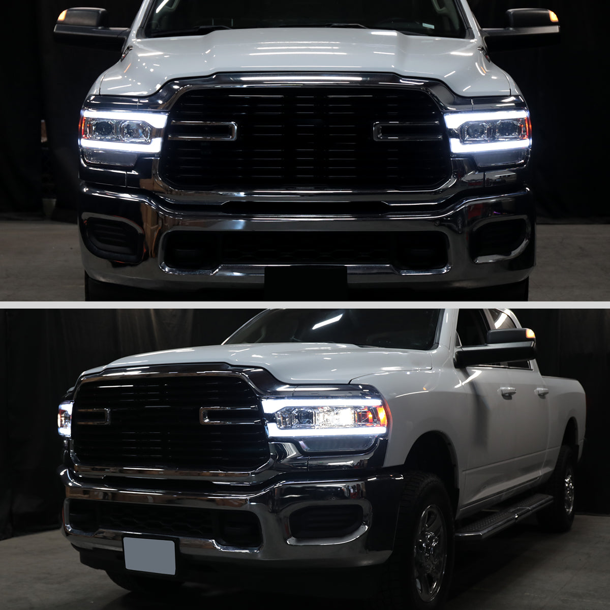 Ronnin - Fits 2019-2024 Ram 2500 3500 4500 5500 Upgraded Halogen Dual Projector Headlights LED Switchback Sequential Turn Signal + Animated Startup Effect Assembly Pair | Chrome