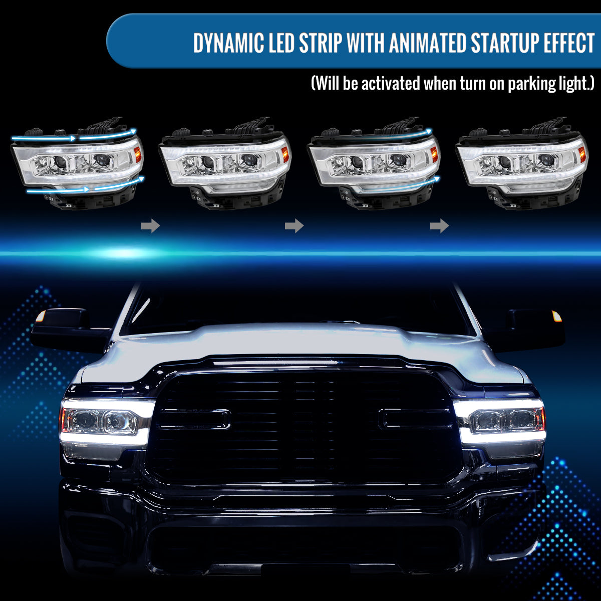 Ronnin - Fits 2019-2024 Ram 2500 3500 4500 5500 Upgraded Halogen Dual Projector Headlights LED Switchback Sequential Turn Signal + Animated Startup Effect Assembly Pair | Chrome