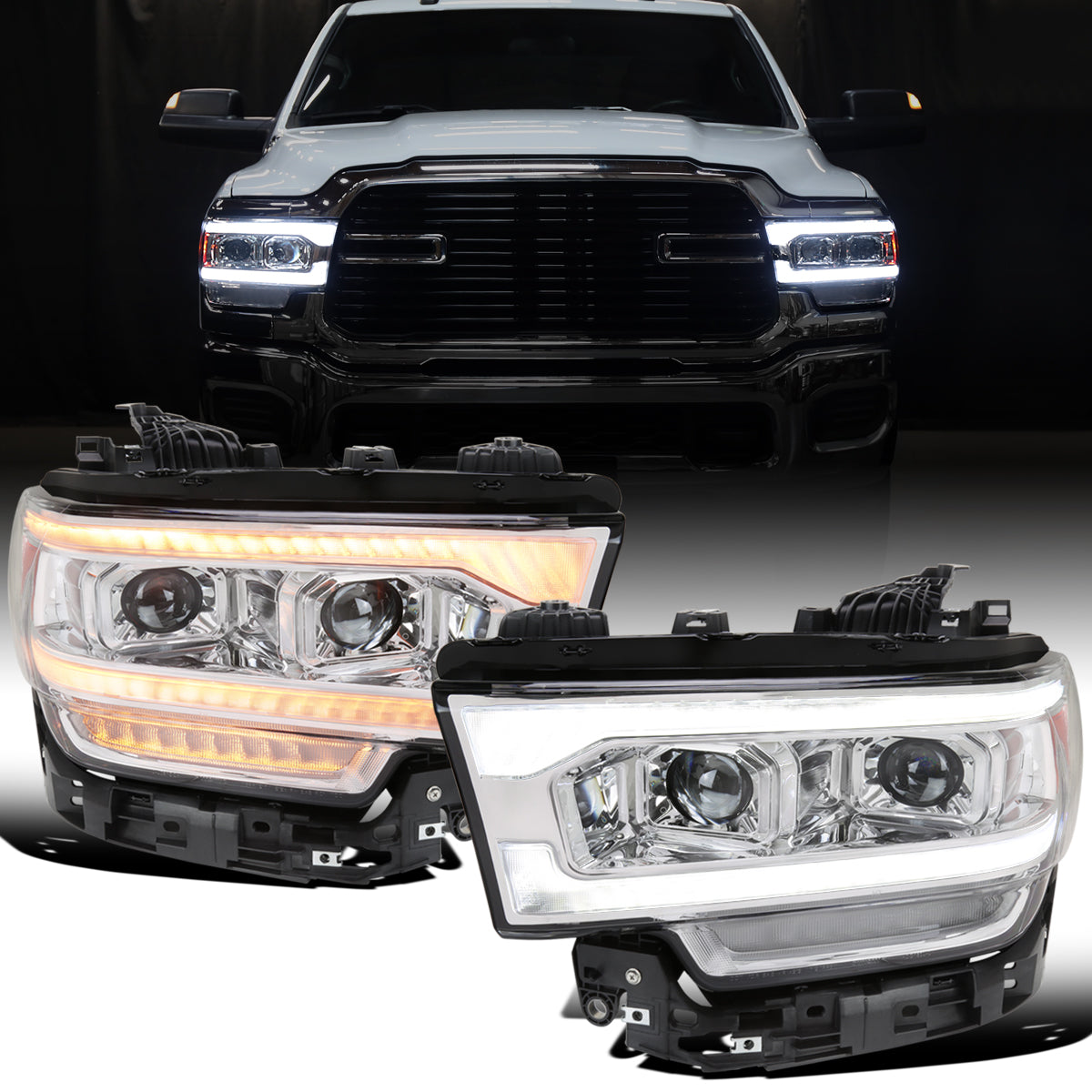 Ronnin - Fits 2019-2024 Ram 2500 3500 4500 5500 Upgraded Halogen Dual Projector Headlights LED Switchback Sequential Turn Signal + Animated Startup Effect Assembly Pair | Chrome