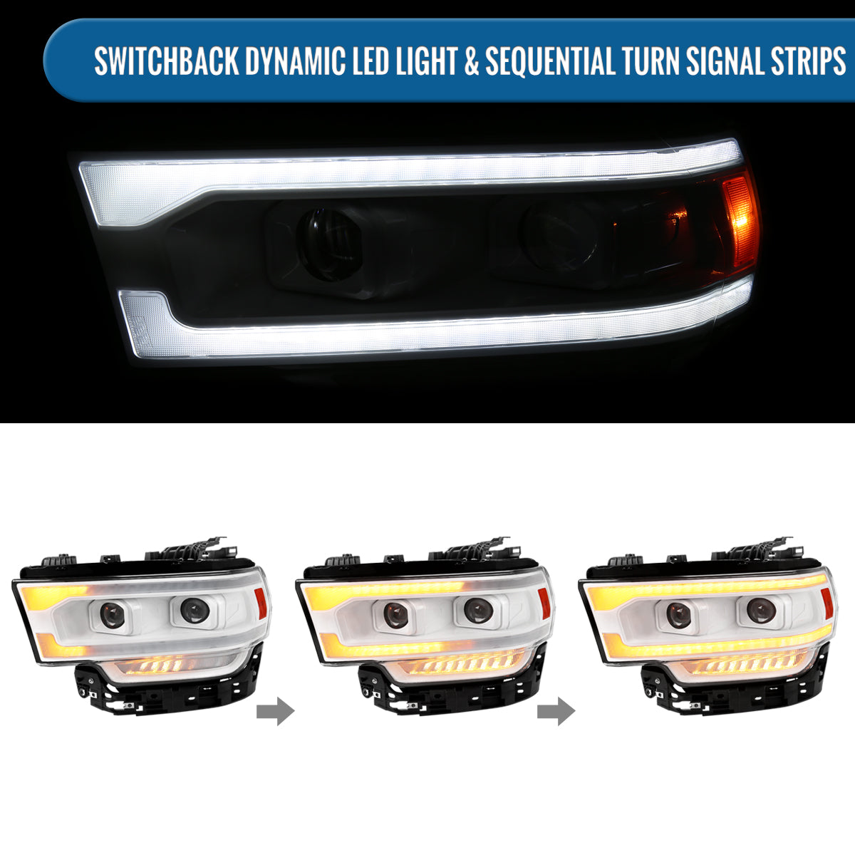 Ronnin - Fits 2019-2024 Ram 2500 3500 4500 5500 Upgraded Halogen Dual Projector Headlights LED Switchback Sequential Turn Signal + Animated Startup Effect Assembly Pair | White