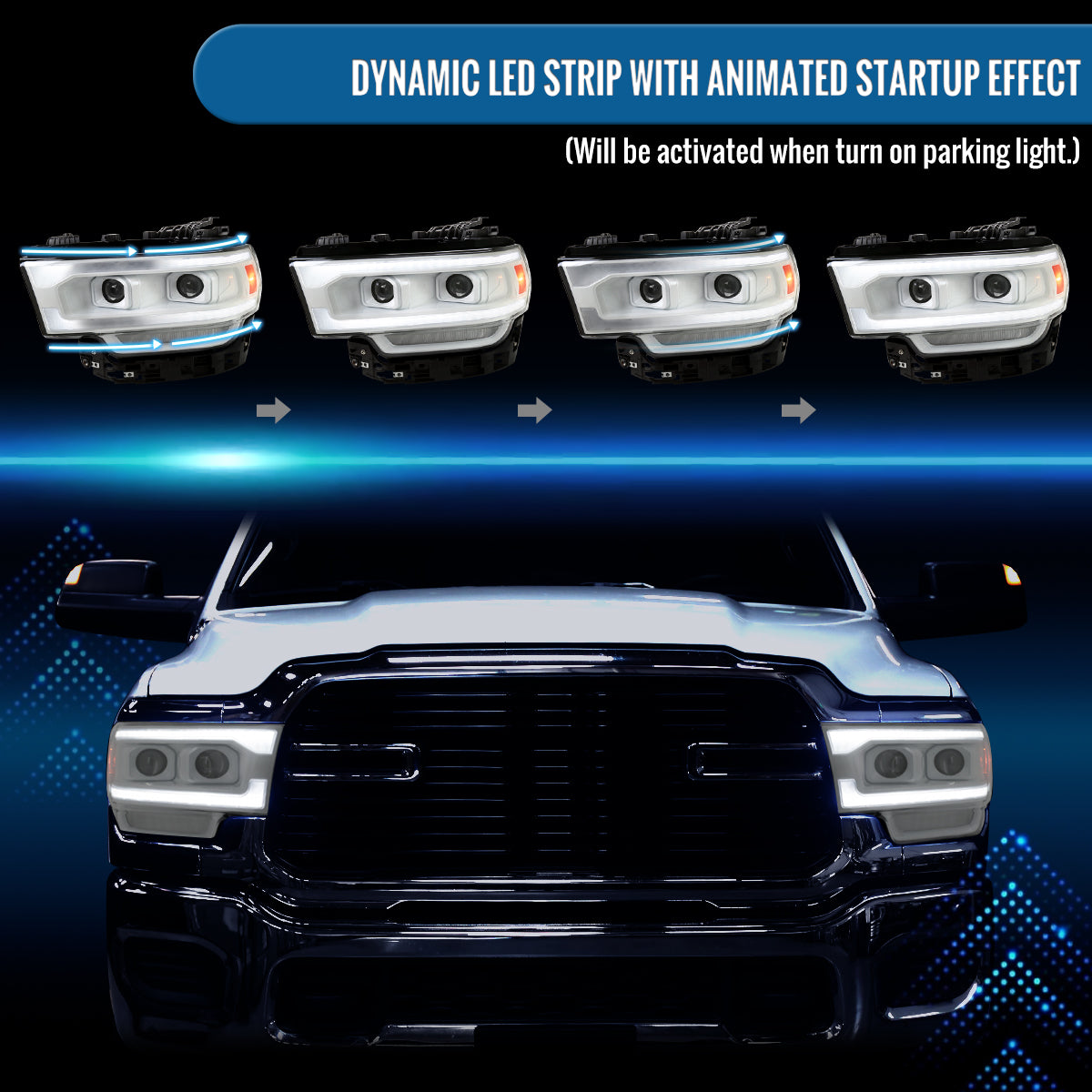 Ronnin - Fits 2019-2024 Ram 2500 3500 4500 5500 Upgraded Halogen Dual Projector Headlights LED Switchback Sequential Turn Signal + Animated Startup Effect Assembly Pair | White