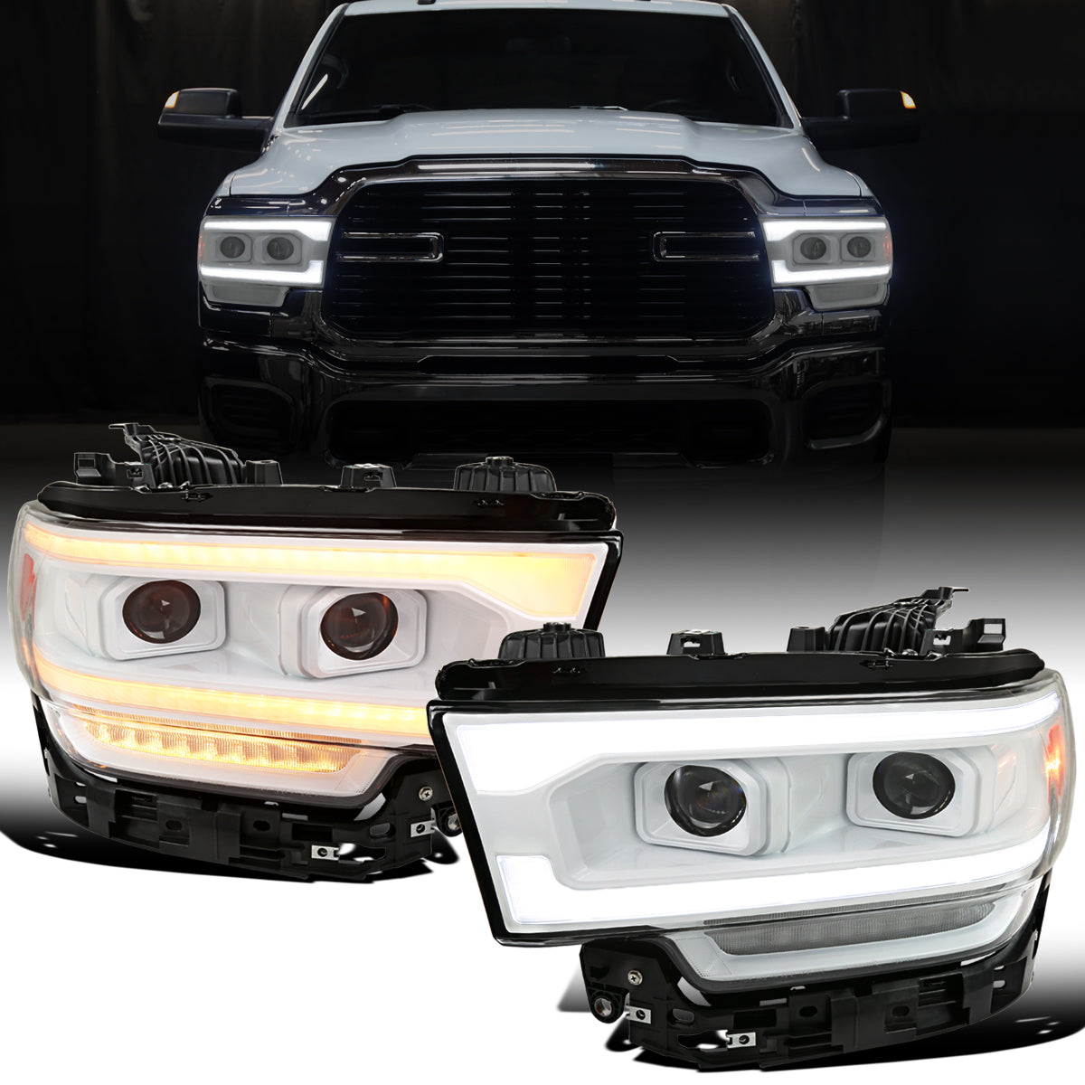 Ronnin - Fits 2019-2024 Ram 2500 3500 4500 5500 Upgraded Halogen Dual Projector Headlights LED Switchback Sequential Turn Signal + Animated Startup Effect Assembly Pair | White