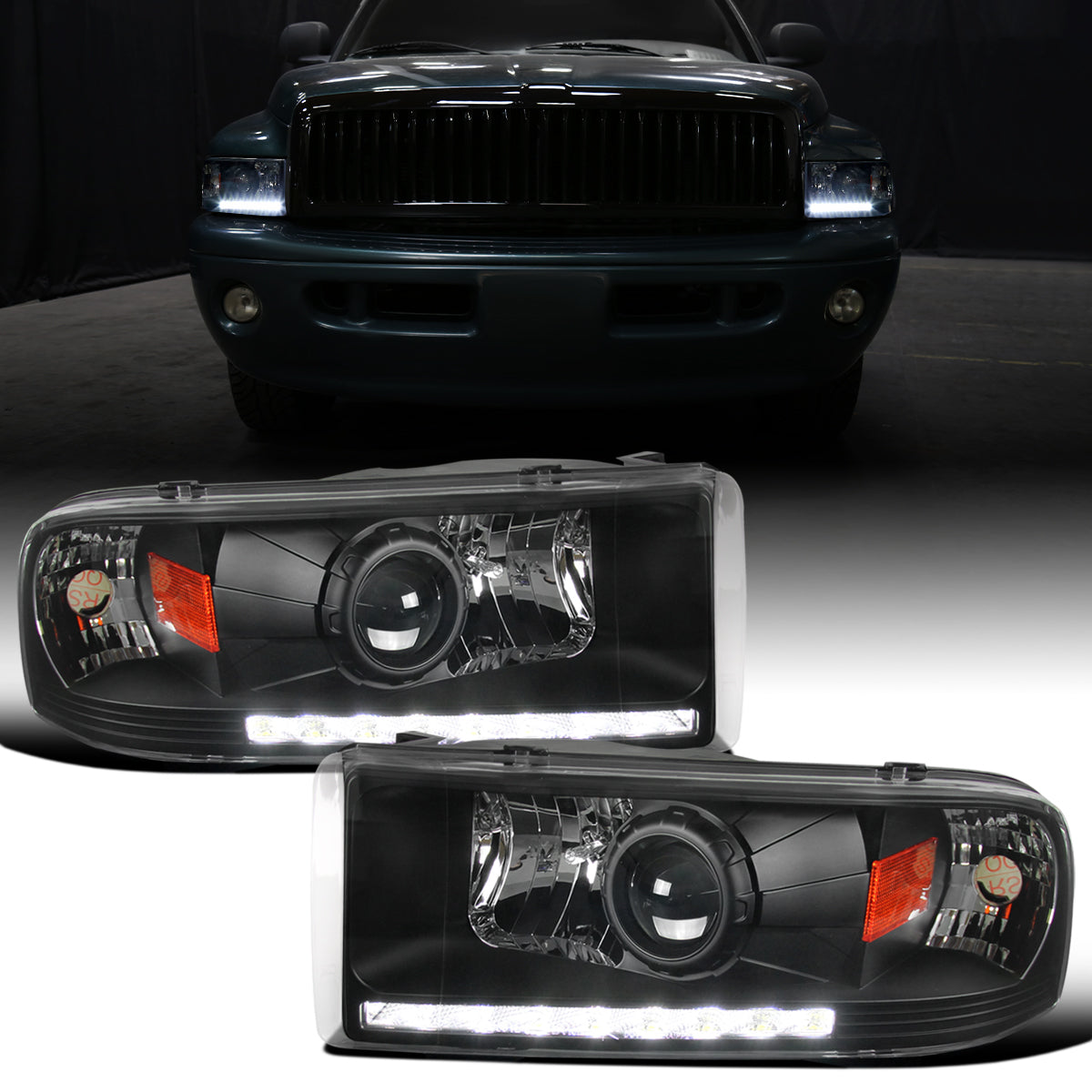 Ronnin - Fits 1994-2002 Ram 1500 2500 3500 Projector Headlights LED Running Lights Assembly Pair | Black